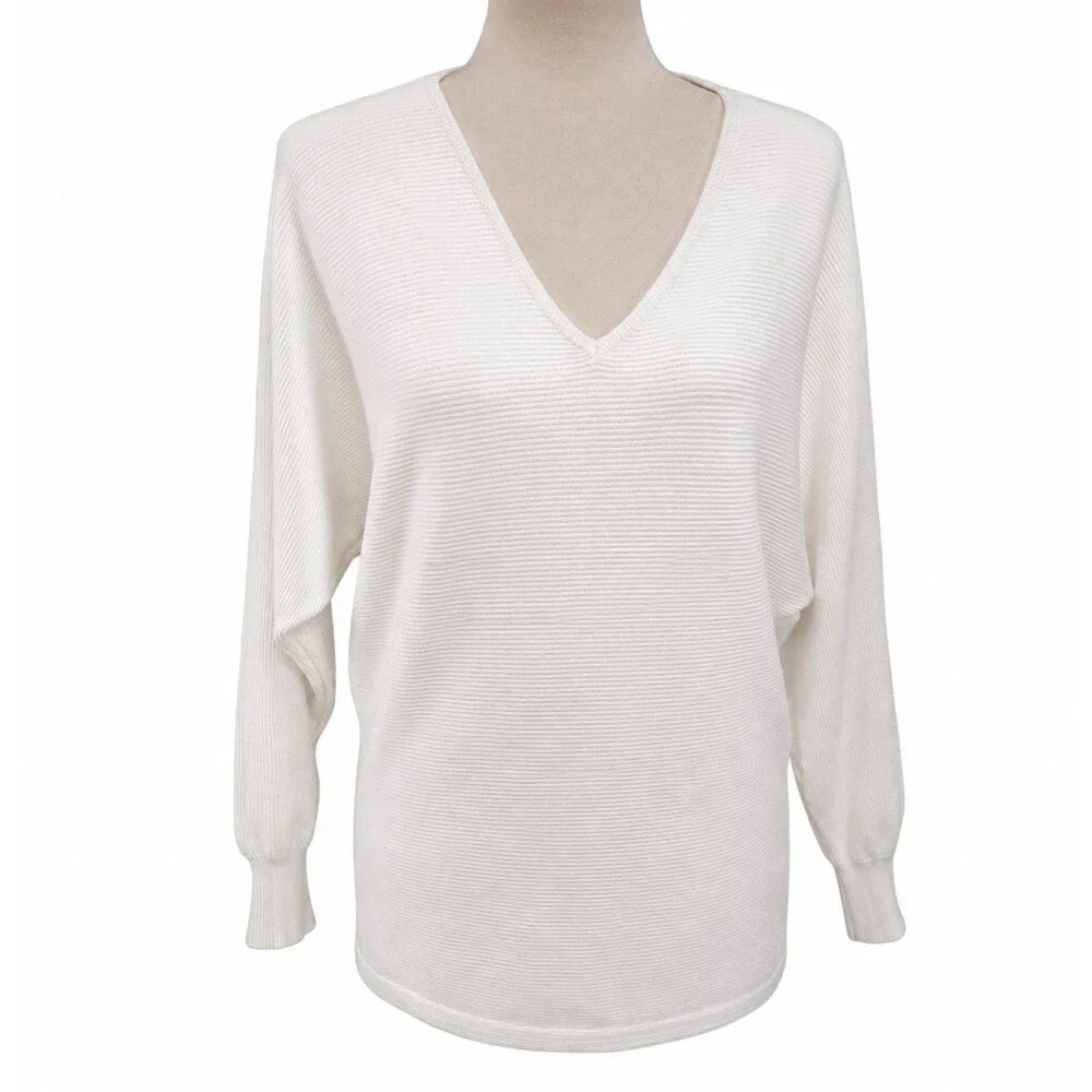 Minimalist Cream Ribbed Dolman V-Neck Sweater Vila Milano Women’s M/L